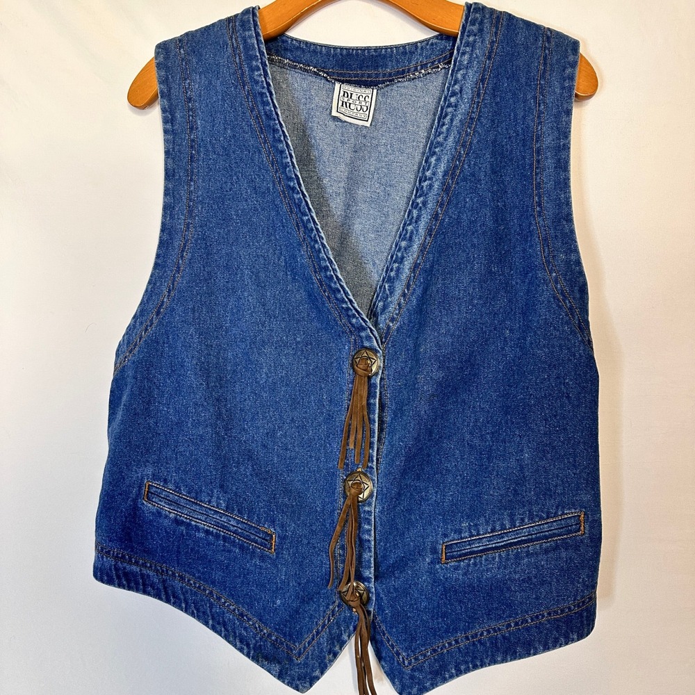 VTG Russ Sport Denim Vest Western Star Button Tassel L-XL Circa 80-90s